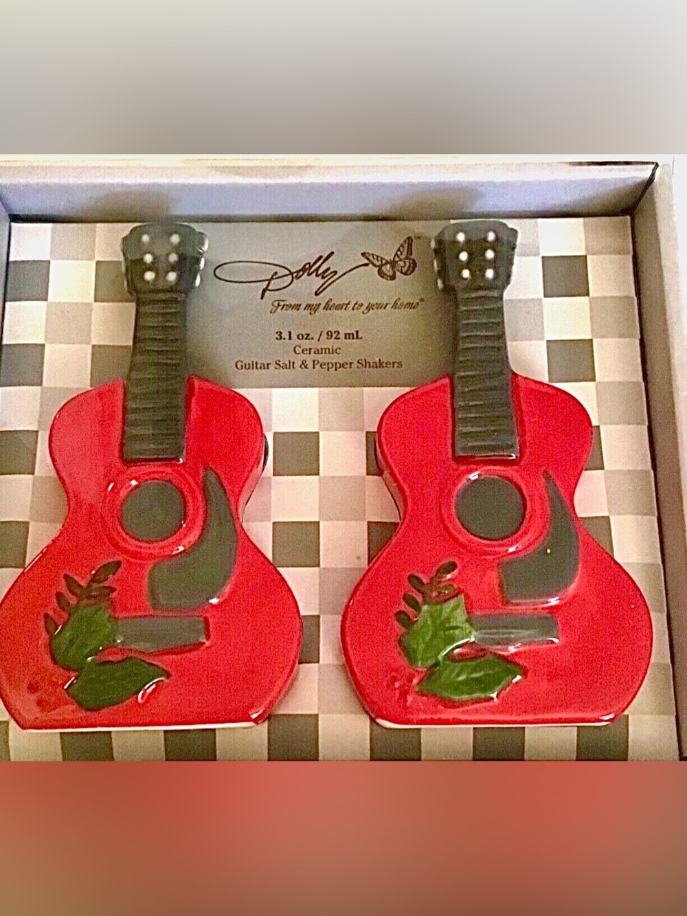 Dolly Parton Red Ceramic Guitar Salt & Pepper Shakers Brand New